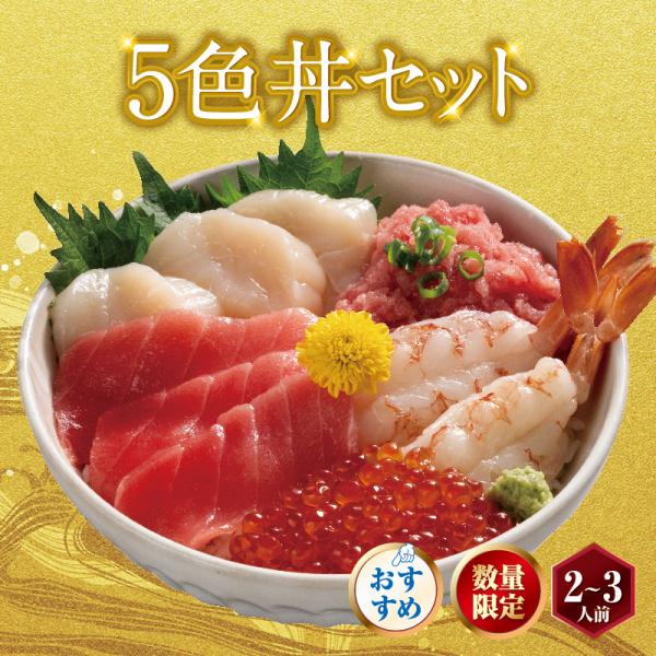 五色丼セット 海鮮丼 本マグロ 中とろ いくら ネギトロ ホタテ貝柱 開き赤エビ ワサビ 2〜3人前...