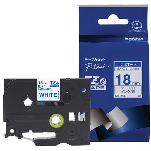 ブラザー TZe-243  ラベルライターピータッチ用 ラミネートテープ 白テープ 青文字 幅18m...