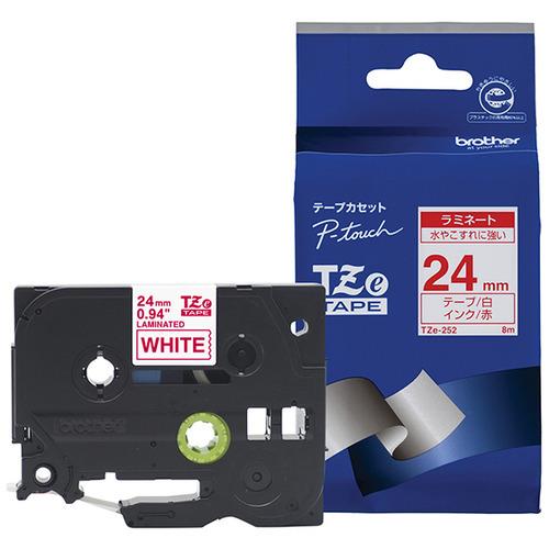 ブラザー TZe-252  ラベルライターピータッチ用 ラミネートテープ 白テープ 赤文字 幅24m...