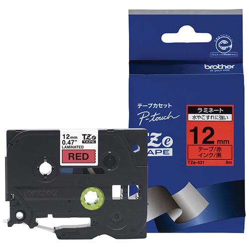 ブラザー TZe-431  ラベルライターピータッチ用 ラミネートテープ 赤テープ 黒文字 幅12m...