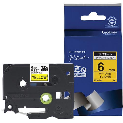 ブラザー TZe-611  ラベルライターピータッチ用 ラミネートテープ 黄テープ 黒文字 幅6mm...