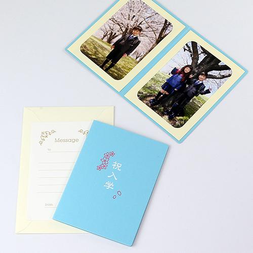 ペーパー フォトフレーム 写真台紙 祝入学/さくら Lサイズ （89×127mm） 2面タテ ブルー
