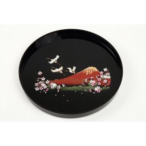 お盆 トレー おしゃれ 木製 丸盆 尺 黒 富士山に鶴と桜 30cm