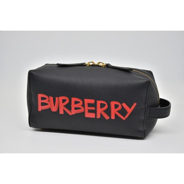 バーバリー グラフィティ BURBERRYロゴ レザー トラベルポーチ ブラック【新品同様】