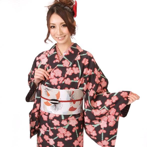 小紋 着物 正絹 仕立て上がり 黒地に梅柄 袷 レディース 女性 カジュアル すぐに着れる着物