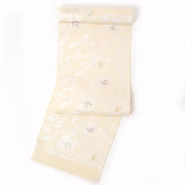 名古屋帯 正絹 西陣織 九寸なごや帯 唐草 お仕立て付き 春 秋 冬 カジュアル 日本製 クリーム色