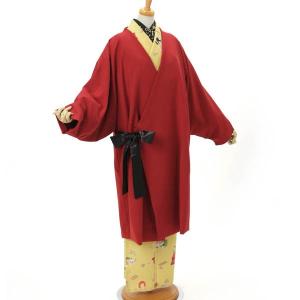 撫松庵 和装コート 赤 Ｍサイズ ストレッチ サテンリボン付き 袖口リブニット