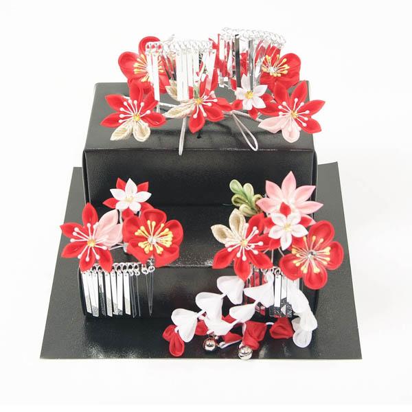 七五三 髪飾り 子供 和装 7歳 かんざし つまみ細工 だらり 3本セット 桃割れ 日本髪 赤