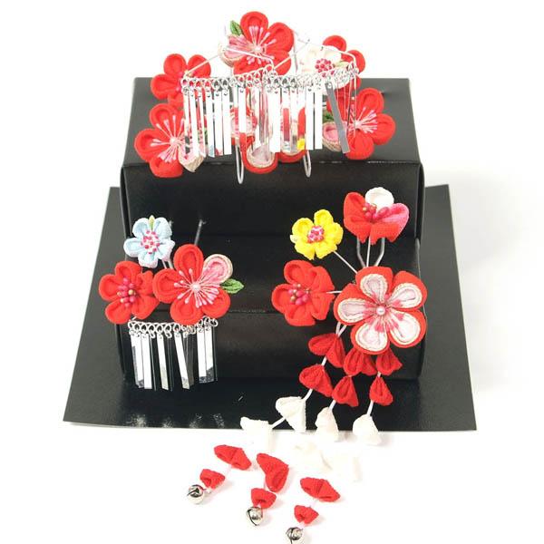 七五三 髪飾り 子供 和装 7歳 かんざし つまみ細工 だらり 3本セット 桃割れ 日本髪 赤
