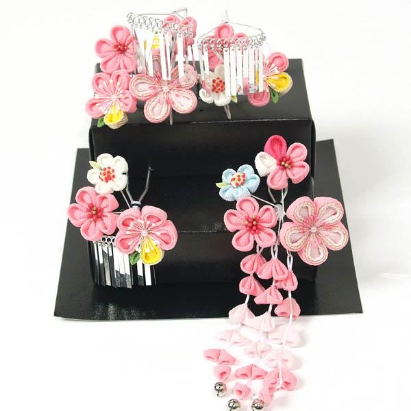 七五三 髪飾り 子供 和装 7歳 かんざし ちりめん つまみ細工 だらり 3本セット 桃割れ 日本髪...