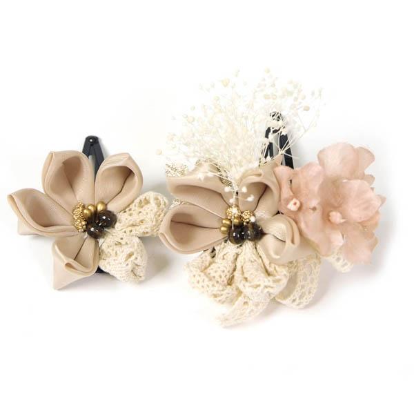 七五三 髪飾り 3歳 7歳 かんざし スリーピン パッチン留め 2個セット つまみ レースリボン ナ...