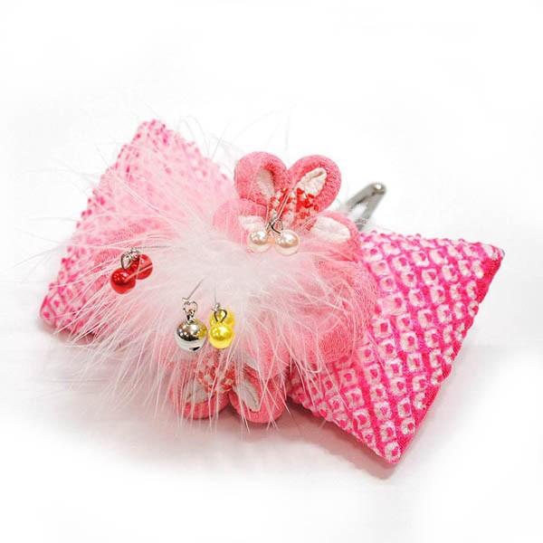 七五三 髪飾り 子供 女の子 3歳 かんざし 鹿の子 リボン パッチン スリーピン ピンク【定形外郵...