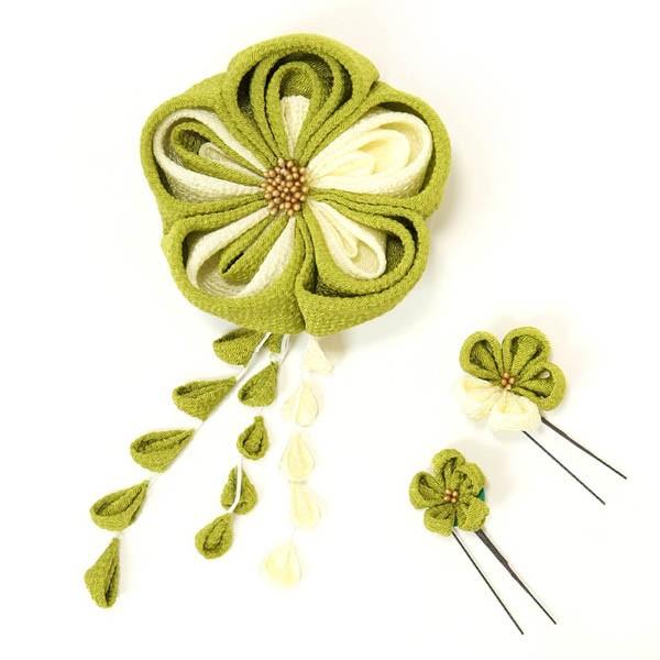 髪飾り 和装 3個セット つまみ細工 だらり付き 振袖 袴 緑