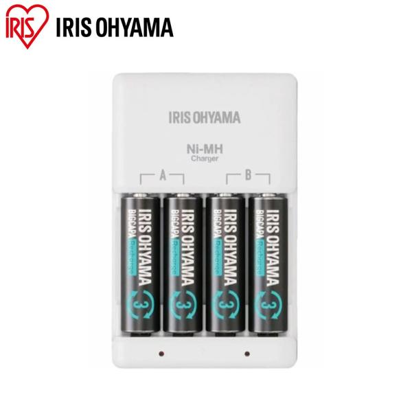 アイリスオーヤマ ビックキャパ リチャージ 充電器セット 単3形4本パック付き [乾電池 充電池] ...