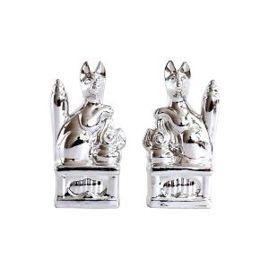 銀色 お稲荷様 一対 銀メッキ 国産陶器 ■ 3寸 ■ 神棚のお飾りに