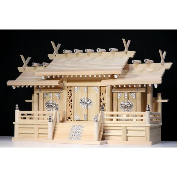 鳳凰三社 大 ■ 屋根違い 銀風三社 鳳凰の彫刻 特大型 幅80cm 東濃ひのき 神棚