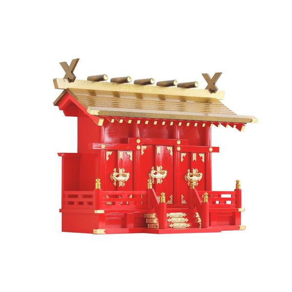 黄金屋根の稲荷宮 神棚 ■ 特上 重ね塗り■ 通し屋根 三社 ■ 商売繁盛 開運祈願 きつね