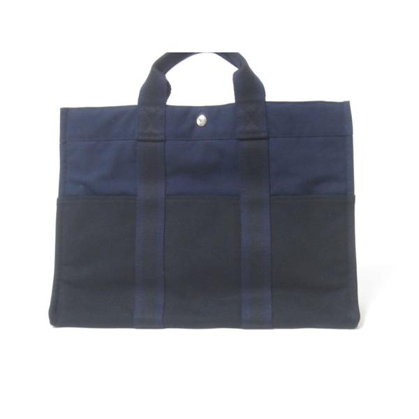 送料無料 HERMES エルメス フールトゥMM トートバッグ コットン キャンバス ブラック ネイ...
