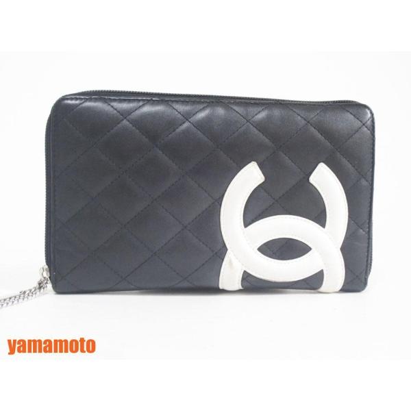 送料無料 CHANEL シャネル カンボンライン ラウンドファスナー 財布 ブラック ホワイト ピン...