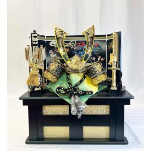 兜 5号 本革金箔小桜 立体大鍬形兜セット 黒塗収納 二曲屏風 収納台付