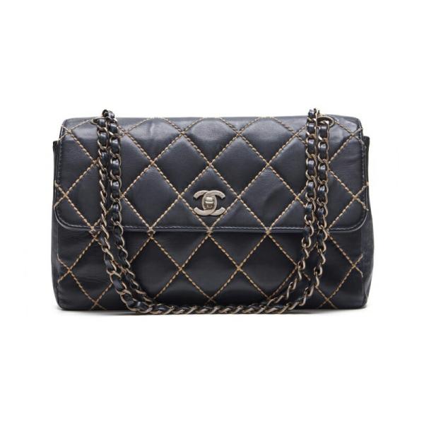 CHANEL シャネル ワイルドステッチ チェーンショルダー カーフレザー 黒×ベージュ （シルバー...