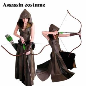 ハロウィン アサシン PUレザー ノースリーブ フード付き エルフ ヨーロッパ 中世 ルネッサンス 男女兼用 ファンタジー 演劇 新劇 コスプレ衣装｜yamashita-mst
