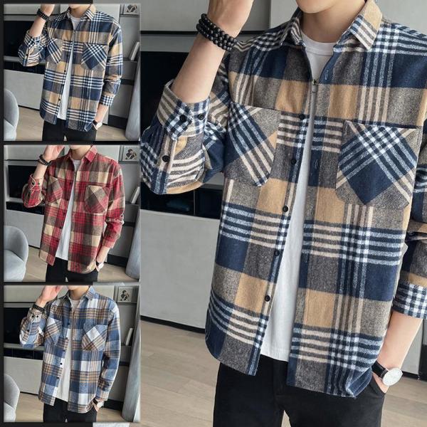 フランネルシャツレギュラーフィット 長袖 メンズ純綿 秋冬 装