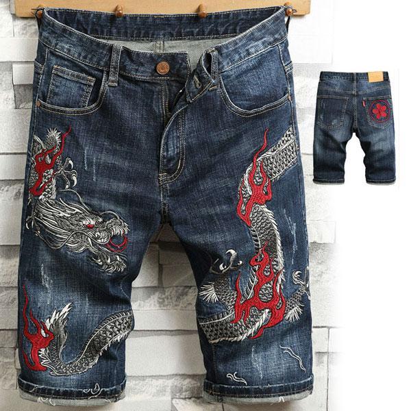 【値下げ】ハーフパンツ デニム メンズ デニムパンツ 刺繍 龍 短パン ショートパンツ ダメージ 和...
