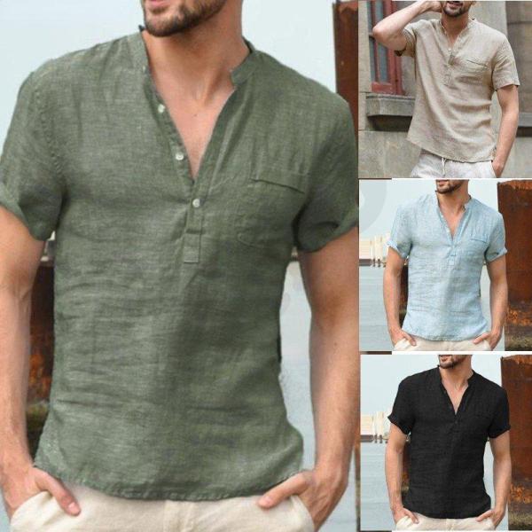 プルオーバーシャツ 白シャツ メンズ 半袖 無地 ポケット付き リネン風 Vネック ヘンリーネック ...