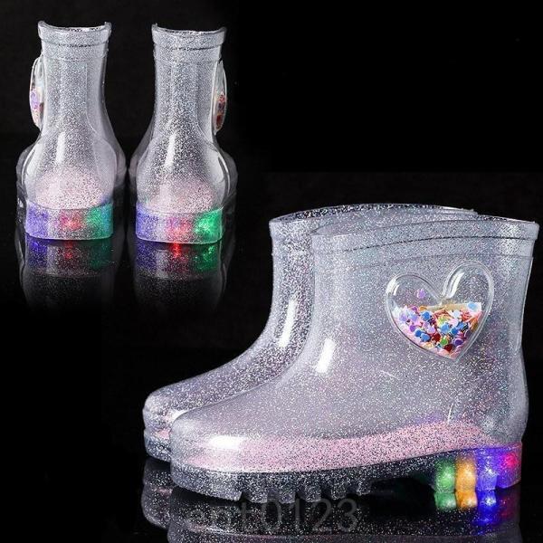 光る靴レインブーツ長靴レインシューズウェッジソール雨靴雨具シューズミドルブーツお洒落子供靴キラキラキ...