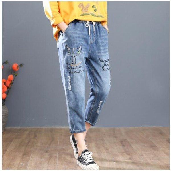 クロップドパンツ森ガールズボン刺繍デニムパンツレディースエスニック風九分丈ボトムスジーパンジーンズ春...