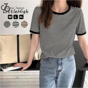Tシャツ レディース ボーダー 半袖 トップス ラウンドネック カジュアル きれいめ 春 夏 秋｜yamashita-mst