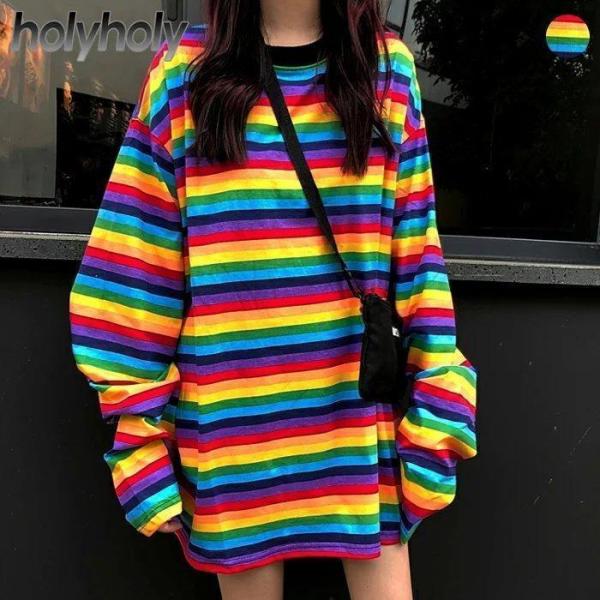 レインボーボーダー長袖Ｔシャツ★ＴシャツスボーダーレインボーカラフルロンＴボーダーＴ長袖Ｔシャツ美ラ...