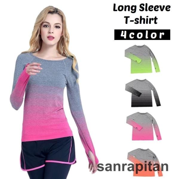 スポーツウェア Tシャツ ロンT カットソー レディース ス 単品 長袖 ボーダー柄 指穴 フィット...