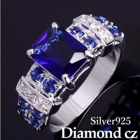 指輪リングレディースキュービックジルコニアシルバー925四角スクエア大粒藍色水晶綺麗アレルギー