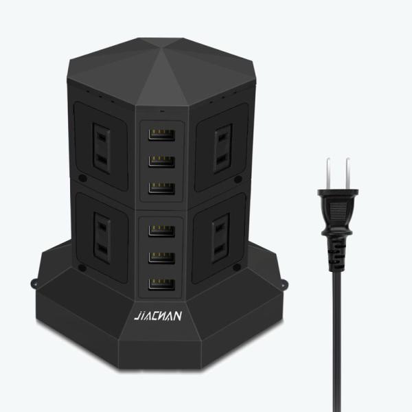 JIACHAN 電源タップタワー式 6個USB 8個コンセント 約 3ｍ 急速充電 雷ガード 過負荷...