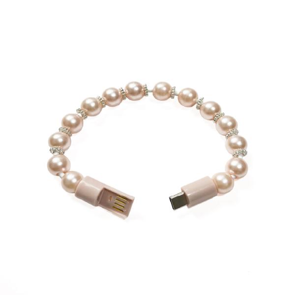 充電ケーブル ピンクパールビーズ ブレスレット型 腕アクセサリー データ転送 USBケーブル ビーズ...