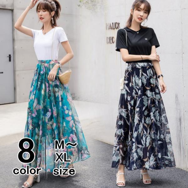 ロングスカート 花柄 マキシ丈スカート フレアスカート ロング マキシ シフォン ウエストゴム スカ...