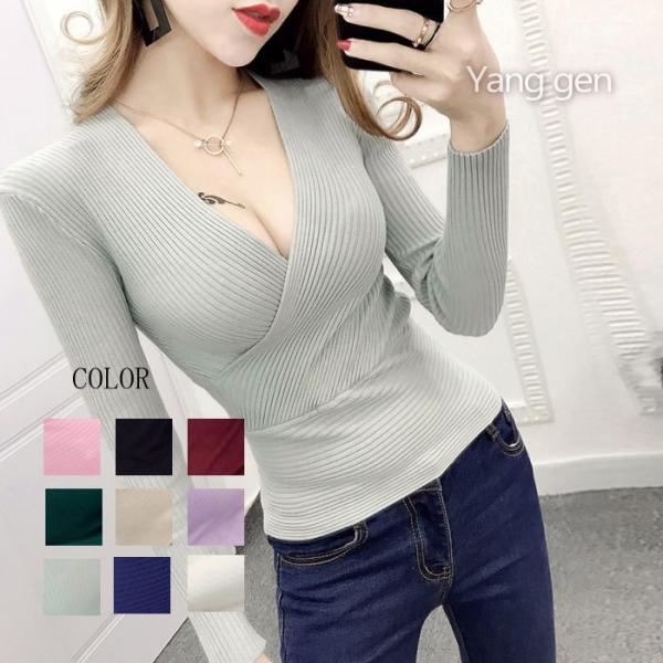 カットソー レディース ニット セーター 長袖 Vネック プルオーバー リブ編み