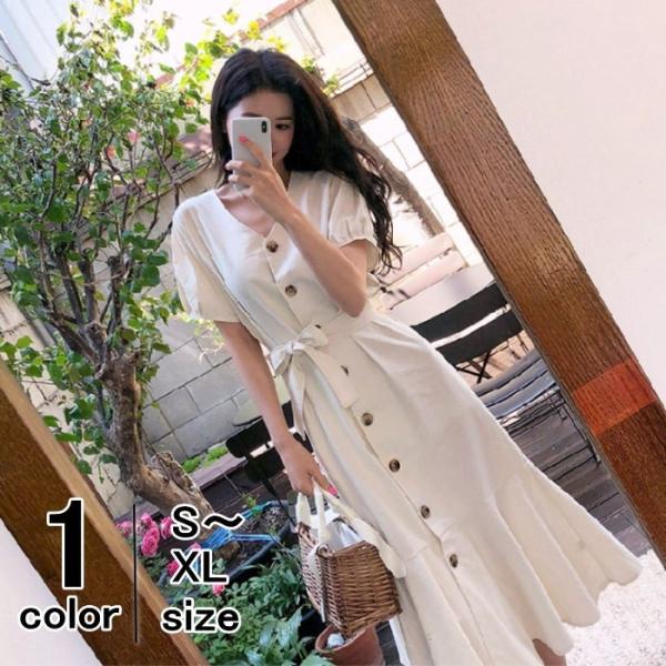 ワンピース レディースフレアワンピ Vネック ロングワンピ 無地 ワンピ 半袖  ロング丈  Aライ...