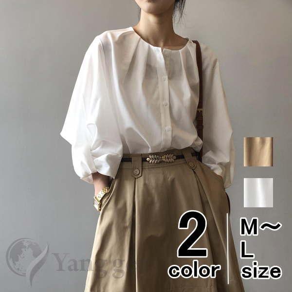 シャツ ブラウス  レディース リネン 綿麻混 プリーツカラー ラウンドネック ノーカラー バルーン...