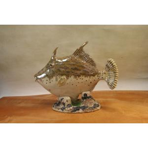 陶器製⭐︎ 魚の彫刻 アート クサフグ（手びねり）・陶芸作品 置物（陶 さかな フィギュア