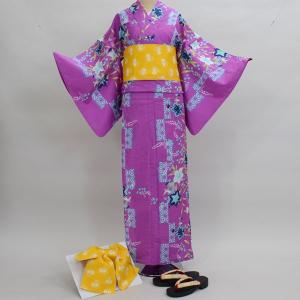 浴衣・帯・下駄 3点フルセット 女性用 仕立て上がり 朝顔 麻の葉 レトロ柄 夏祭り お祭り 和装着物 新品（株）安田屋 NO17300