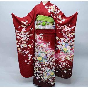 振袖 正絹 着物単品 仕立て上がり 百花繚乱 花金縁取り 深く渋い赤