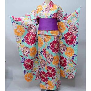 振袖 着物 単品 合繊 仕立て上がり 紺色 菊の花 成人式 結納 結婚式