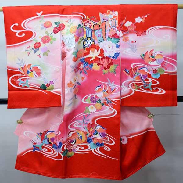 お宮参り 産着 のしめ 女児 女の子 正絹 綸子地 御所車 赤地 祝着 一つ身 掛け着 熨斗目 新品...