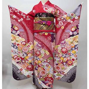 振袖 正絹 着物 単品 仕立て上がり 百花繚乱 ラメ 桜 赤色 渋い赤色