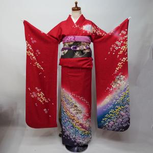 振袖 正絹 着物単品 仕立て上がり 濃赤色 古典柄 桜 さくら ラメ モダン モダン古典 成人式 結納 結婚式 新品 (株) 安田屋 NO42788
