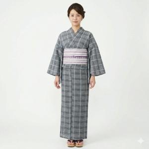 浴衣 単品 女性用 仕立て上がり しじら織 綿85％ 麻15％ 格子模様 グレー bonheur saisons 花火大会 夏祭り 新品（株）安田屋 NO43068