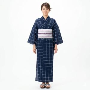 浴衣 単品 女性用 仕立て上がり しじら織 綿85％ 麻15％ 格子模様 紺色 bonheur saisons 花火大会 夏祭り 新品（株）安田屋 NO43069